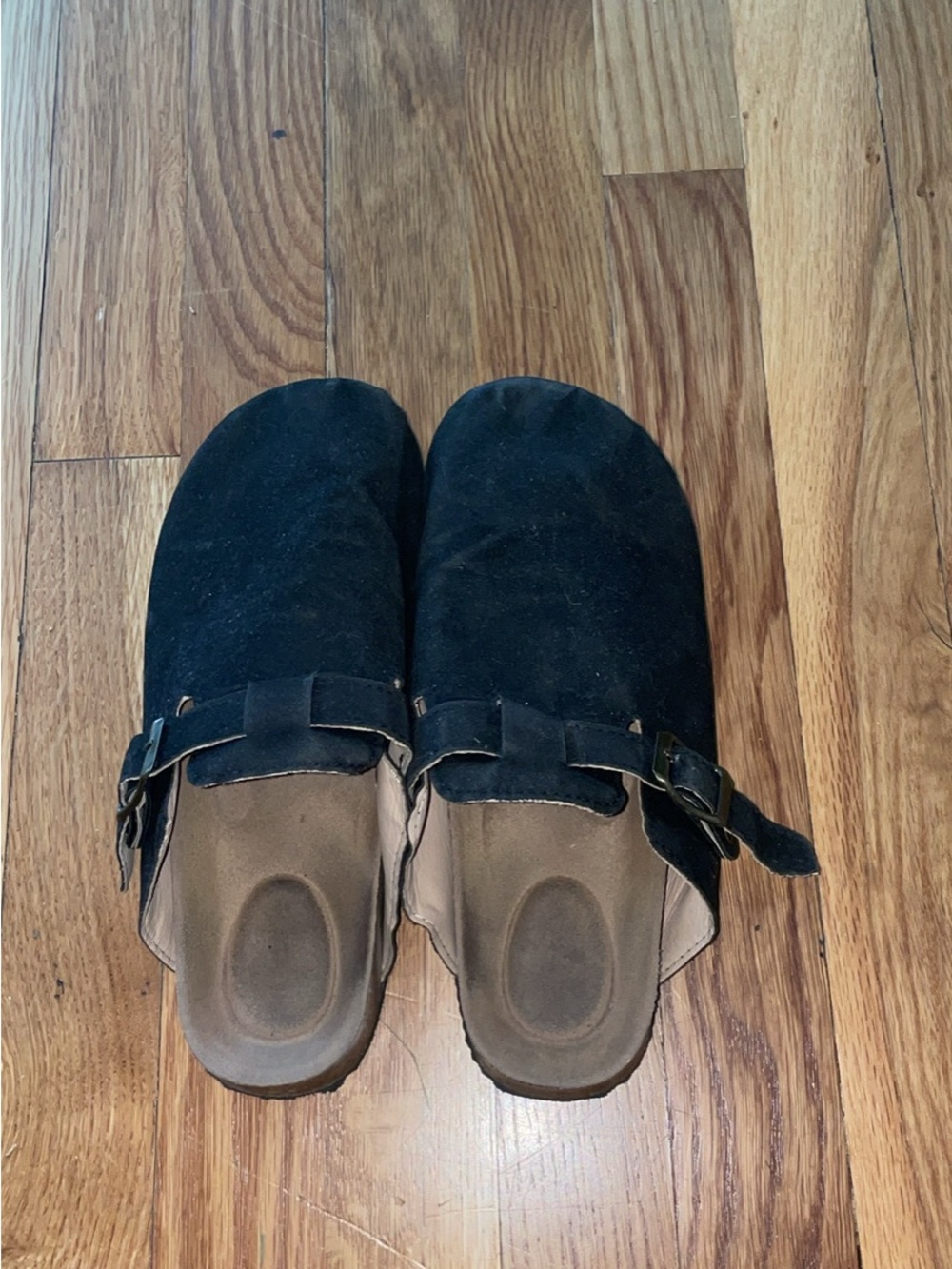 Black Suede Slip-On Buckle Clogs